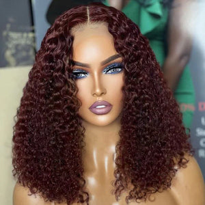 Curly Wig, Dark Burgundy Kinky Curly Glueless 5X5 Closure Lace Wig