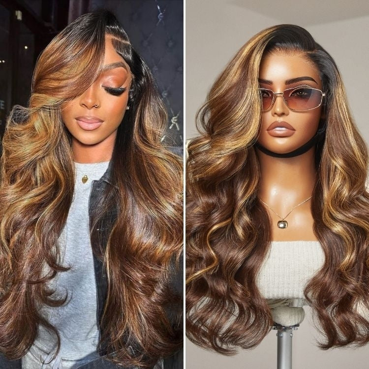 video Luvme All-Day Comfort™ Wig PartingMax Brown Highlights Funmi Curly 7x6 Closure HD Lace Glueless Wig Pre Cut Lace-36
