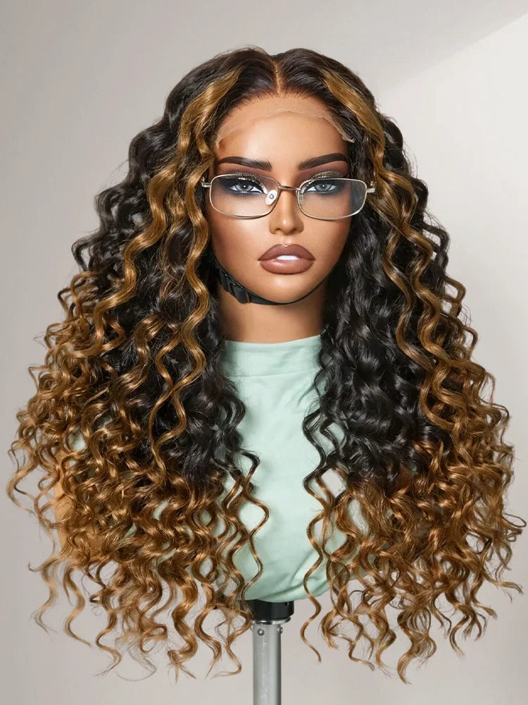video Luvme All-Day Comfort™ Wig PartingMax Brown Highlights Funmi Curly 7x6 Closure HD Lace Glueless Wig Pre Cut Lace-37