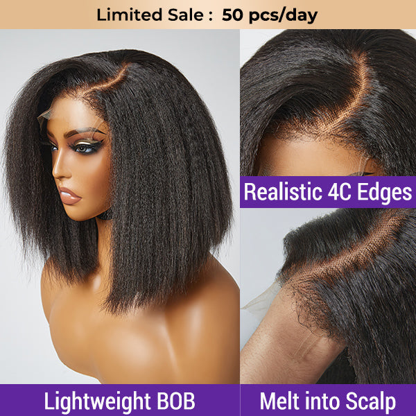 4C Edges | Deep Side Parted Minimalist Undetectable Lace Glueless Kinky Straight Bob Wig