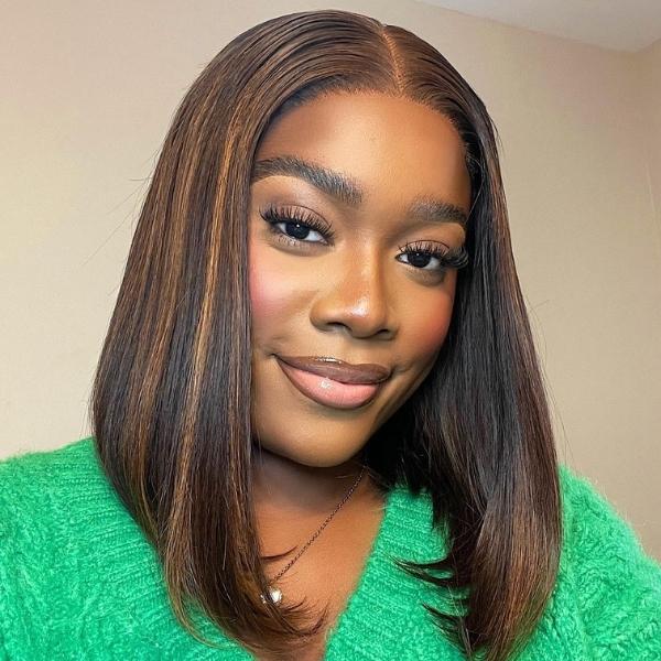 Special Sale | Chestnut Brown Highlights Straight 4x4 Closure Bob Wig | Natural Hairline