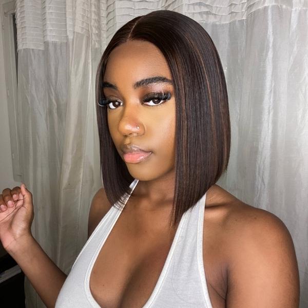 Special Sale | Chestnut Brown Highlights Straight 4x4 Closure Bob Wig | Natural Hairline