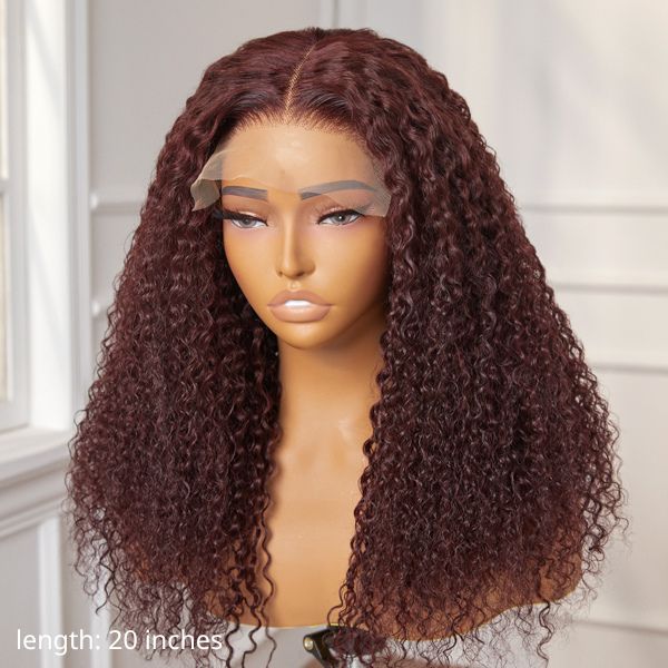 Curly Wig, Dark Burgundy Kinky Curly Glueless 5X5 Closure Lace Wig