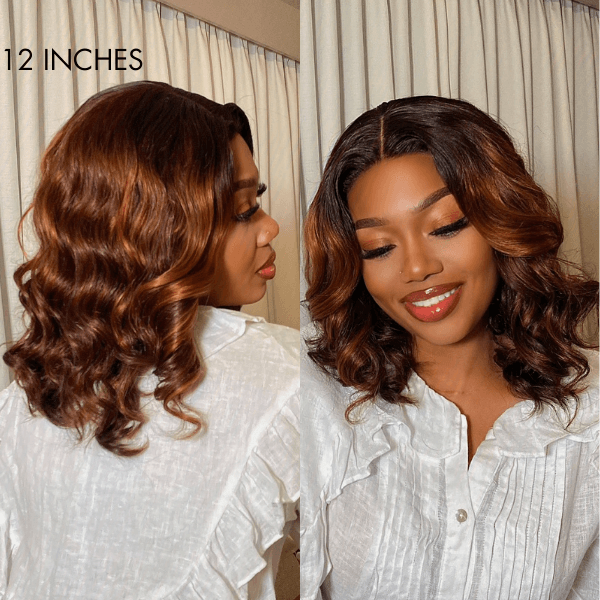 Blonde Highlight Bob With Bangs 13x4 Frontal Lace C Part Short Wig 100% Human Hair