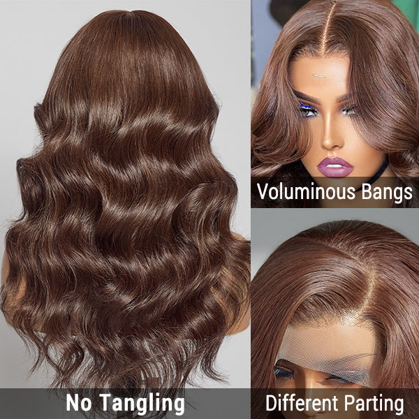 Loose Wave Wig, Stylish Layered Bangs Chestnut Brown Loose Wave 5x5 Closure Lace Glueless Wig With Bangs