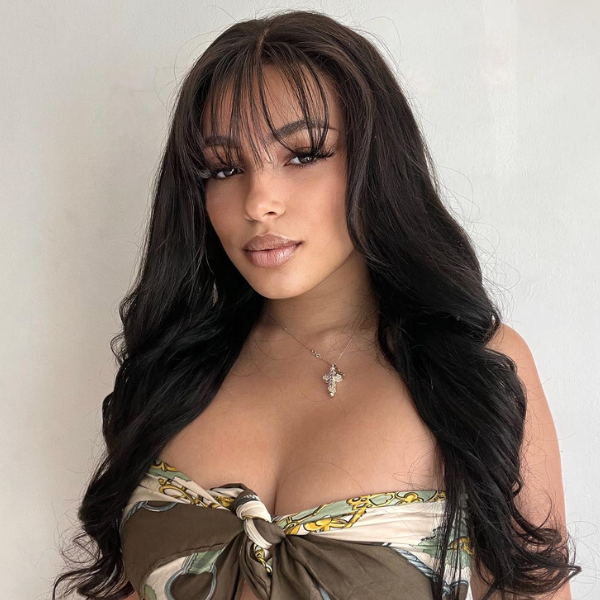 Trendy Natural Black Body Wave 13x4 Frontal HD Lace Long Human Hair Wig with Bangs