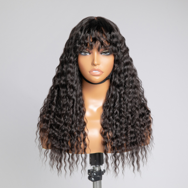 Exclusive Discount | Romantic Bohemian Curly Minimalist Lace Glueless Wig with Cute Bangs