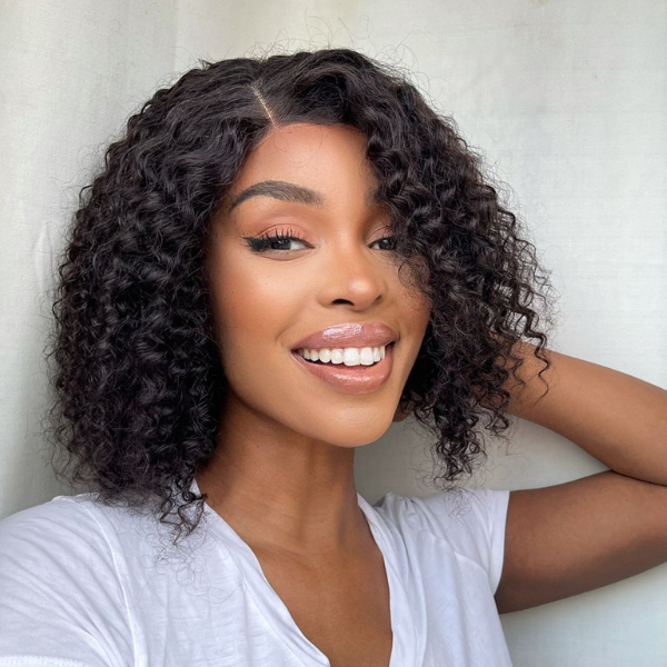 Black Deep Wave 4x4 Lace Glueless Side Part Short Human Hair Wig