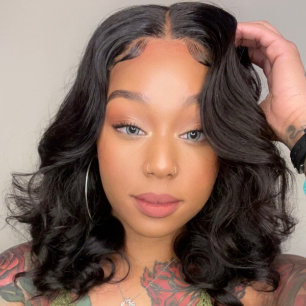 Graceful Natural Black Loose Wave 5x5 Closure Lace Glueless Mid Part Short Wig 100% Human Hair