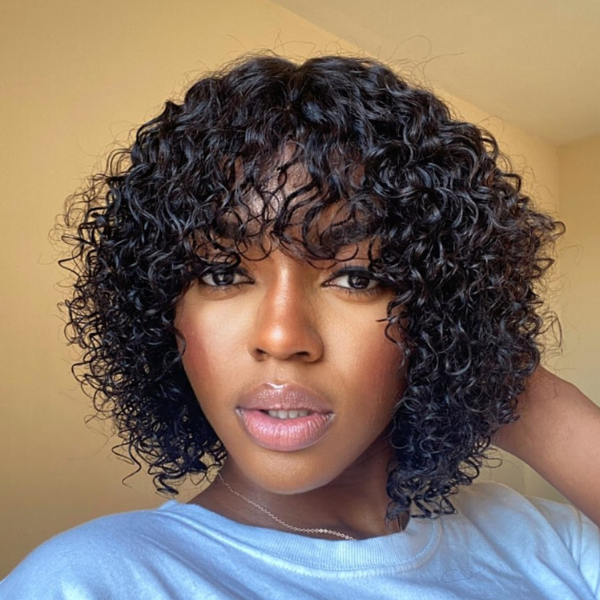 Lovely Short Curly Cut Water Wave  Minimalist HD Glueless 100% Human Hair Wig With Hot Bangs | Upgraded 2.0