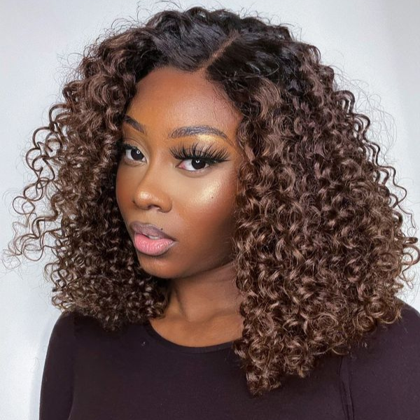 Ombre Brown Bouncy Curly 4x4 Closure HD Lace Glueless Side Part Wig