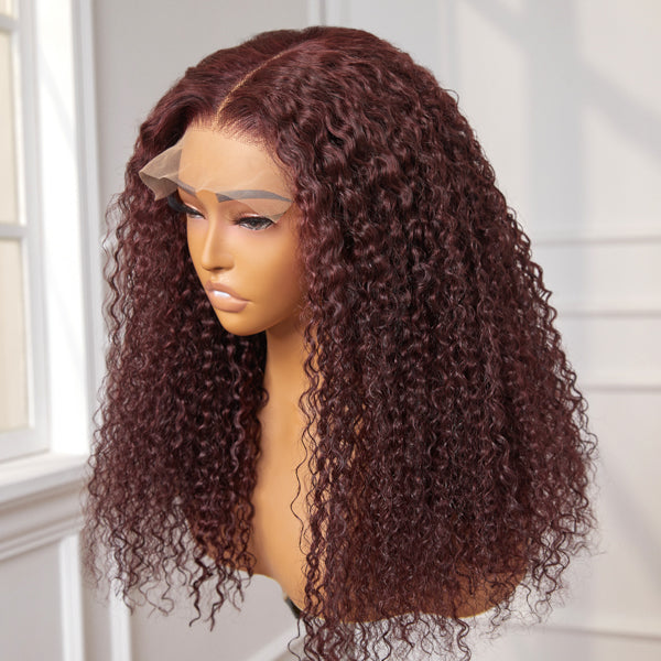 Curly Wig, Dark Burgundy Kinky Curly Glueless 5X5 Closure Lace Wig