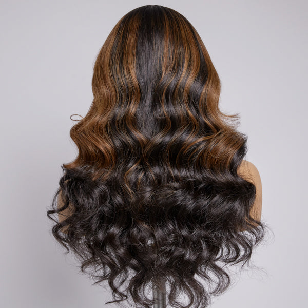 Loose Wave Wig, Brown Mix Black Loose Wave 5x5 Closure C Part Glueless Wig with Bangs