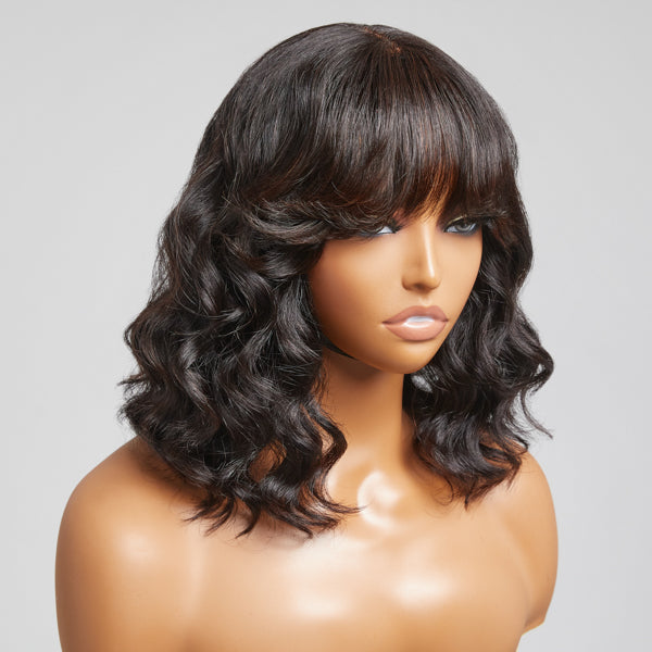 Affordable Mature Short Loose Wave Minimalist Lace Wig with Bangs