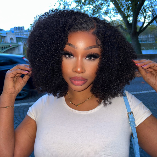 Kinky Curly Wig, Voluminous Afro Kinky Shoulder Length Glueless 5x5 Closure Lace Wig