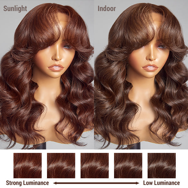 Loose Wave Wig, Stylish Layered Bangs Chestnut Brown Loose Wave 5x5 Closure Lace Glueless Wig With Bangs
