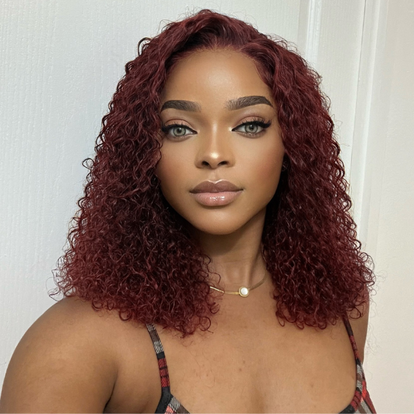 Curly Wig, Dark Burgundy Kinky Curly Glueless 5X5 Closure Lace Wig