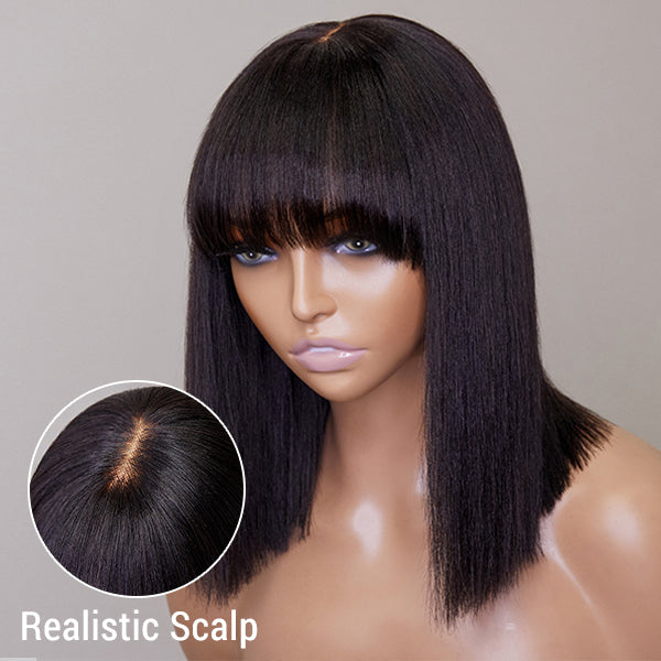 Yaki Wig, Realistic Yaki Straight Bob With Bangs Minimalist Undetectable Lace Wig