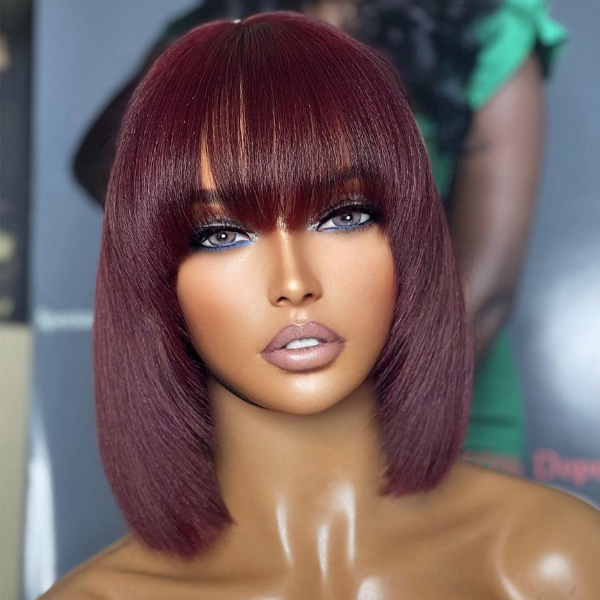 Reddish Purple Layered Cut Yaki Straight Minimalist Lace Bob Wig With Bangs | Put On And Go