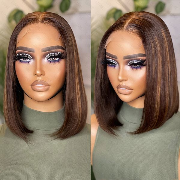 Chestnut Brown Highlights Straight 4x4 Closure Bob Wig | Natural Hairline