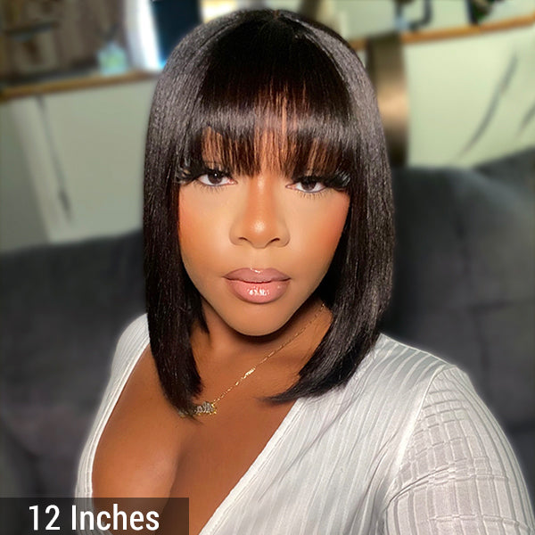 Yaki Wig, Realistic Yaki Straight Bob With Bangs Minimalist Undetectable Lace Wig