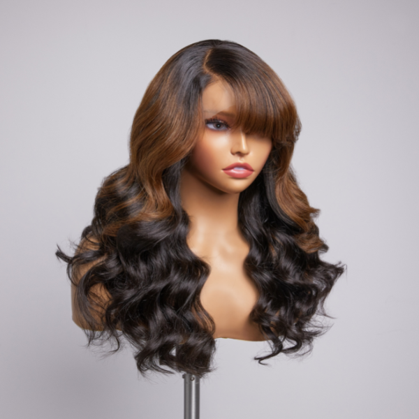 Exclusive Discount | Brown Mix Black Loose Wave 5x5 Closure C Part Glueless Wig with Bangs