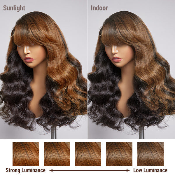 Brown Mix Black Loose Wave 5x5 Closure C Part Glueless Wig with Bangs