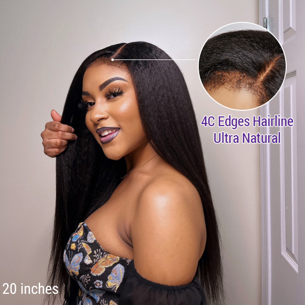 4C Edges | Undetectable Kinky Straight Kinky Edges 5x5 Closure Lace Glueless Wig | Afro Inspired Afro Wigs African American Wigs Human Hair Wig African American kinky straight wigs