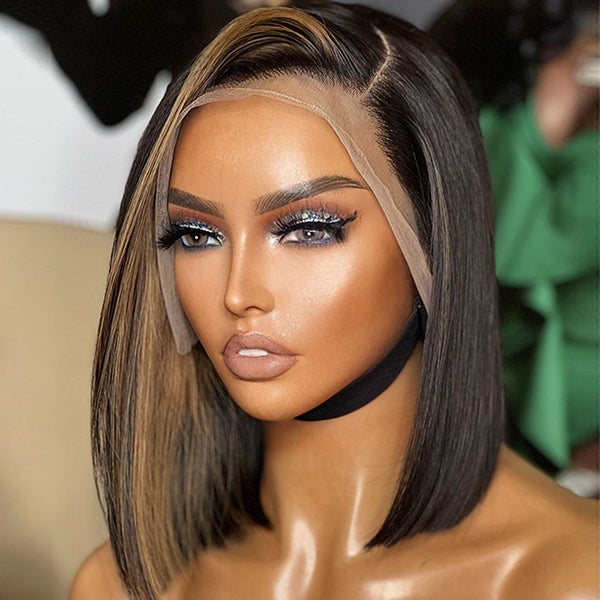 Edgy Blonde Highlight Fringe Side Part Bob 13x4 Frontal Lace Wig