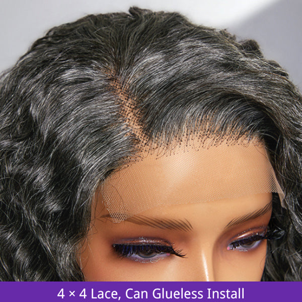 Glueless Salt and Pepper 4x4 Closure Lace Curly Bob Wigs | Pre-plucked