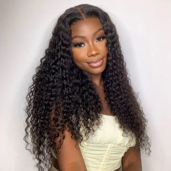 Luvmehair Glueless 4x4 Lace Closure Wig Black Deep Curly Wave Wig Pre-plucked Hairline Wig