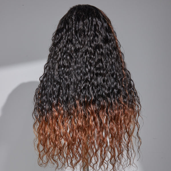 Back of Mabel Sweety Brown Tails Highlight Water Wave Undetectable 13x4 Lace Front Wig