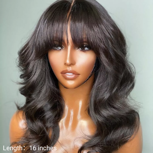 Loose Wave Wig, Daily Face Framing Cute Bangs 5x5 Closure Lace Glueless Wig