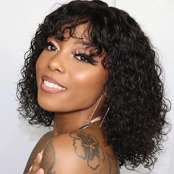 Short Curly Wig, Wig With Bangs, Water Wave Wig