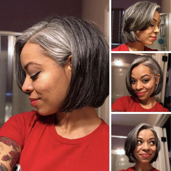 Venta flash | Peluca Bob de pelo gris mezclado negro con flequillo | Color sal y pimienta 