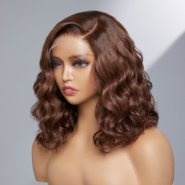 Right view of Chocolate Light Brown Wavy Undetectable Minimalist Glueless Lace Wig | Side Part Fall Wig