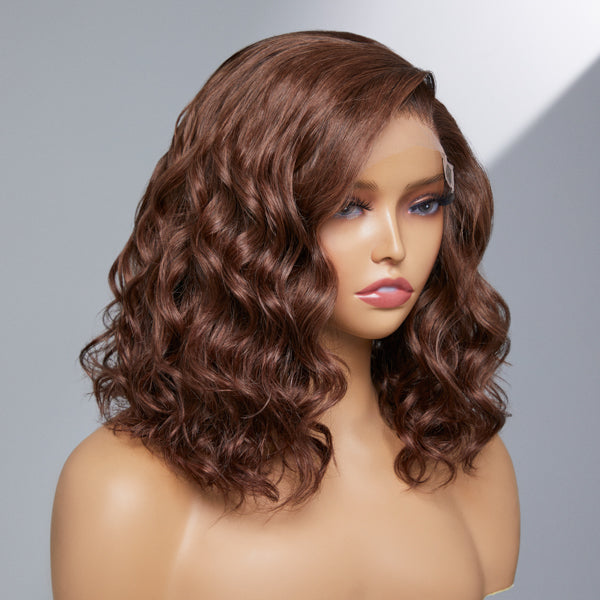 Left view of Chocolate Light Brown Wavy Undetectable Minimalist Glueless Lace Wig | Side Part Fall Wig