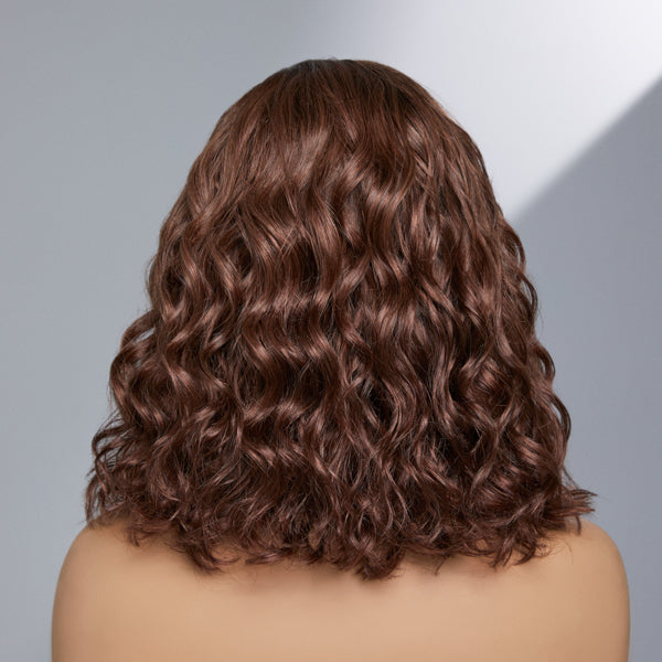 Back view of Chocolate Light Brown Wavy Undetectable Minimalist Glueless Lace Wig | Side Part Fall Wig