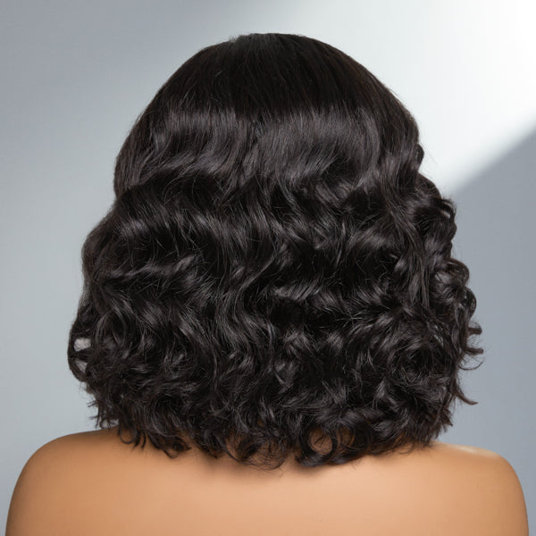Back view of Elegant Natural Black Wavy Undetectable Minimalist Glueless Lace Wig | Side Part Fall Wig