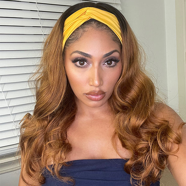 Ombre Brown Color Headband Wig With Natural Black Root | Throw On & Go