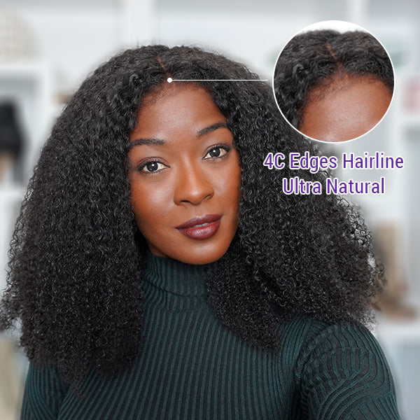 Afro Wig, 4C Edges | Realistic Afro Kinky Edges Free Parting 13x4 Undetectable Lace Front Wig | Afro Inspired