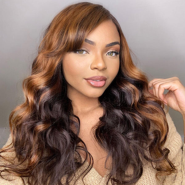 Brown Highlight C Parted Loose Wave 5x5 Closure Lace Glueless Wig With Bangs