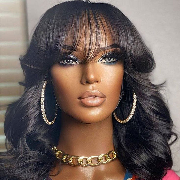 Body Wave Wig, Soft Wavy Curls On Short Bob Wig With Bangs
