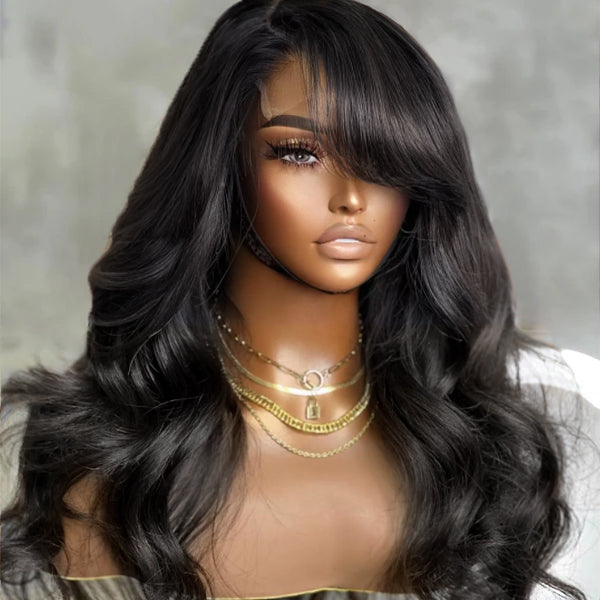 Graceful C Parted Body Wave 5x5 Closure Lace Glueless Wigs with Bangs