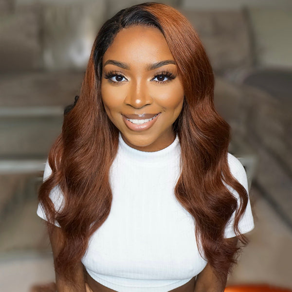 Loose Wave Wig, Reddish Brown Color Loose Wave Wig With Black Roots