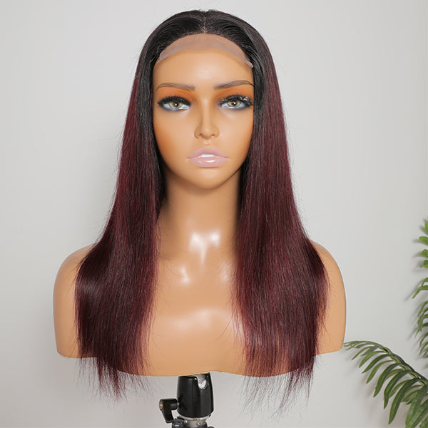 Burgundy Silk Straight 4x4 Lace Closure Wig With Black Roots