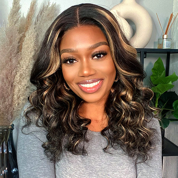 Loose Wave Wig, 4x4 Blonde Highlights Loose Wave Glueless Lace Closure Wig