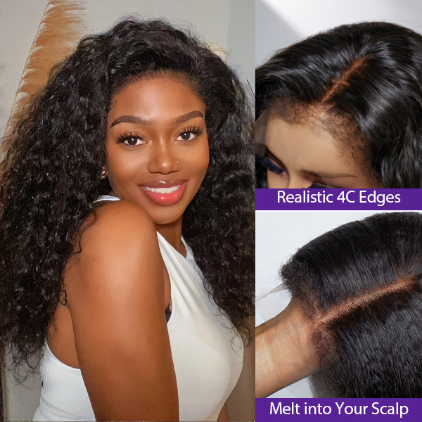 4C Edges | Water Wave Kinky Edges  Free Parting 13x4 Undetectable Lace Front Wig | Afro Inspired  Afro Wigs African American Wigs Human Hair Wig African American