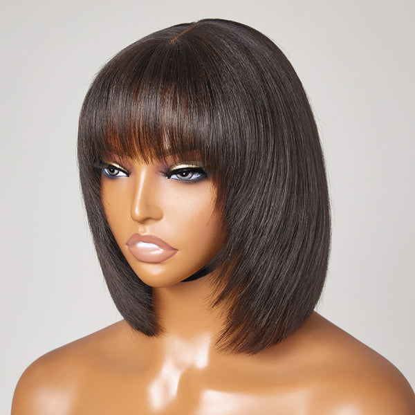 Flash Sale | Trendy Layered Cut Yaki Straight Glueless Minimalist Lace Bob Wig With Bangs | Put On And Go